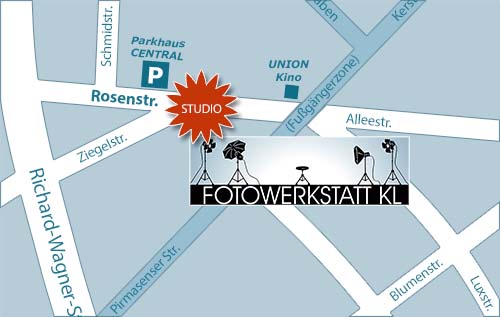 Lageplan des Fotostudios in Kaiserslautern Innenstadt, Rosenstraße 7
